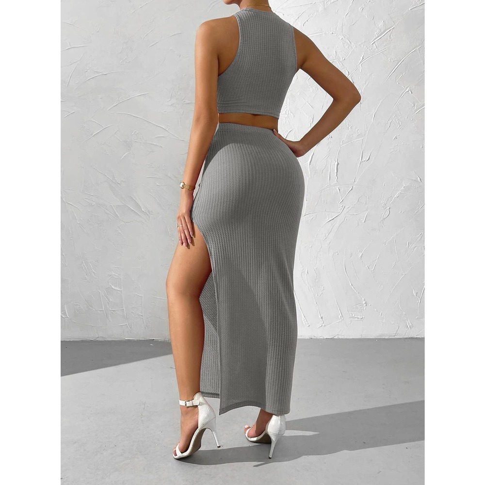 2 piece skirt set: Waffle Knit Crop Top & Split Thigh maxi Skirt gray - Picture 2 of 11